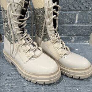 GUESS Women's Off-White Lace-Up Combat Boots